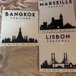 City Skyline Canvas Art Set - Bangkok, Marseille, Lisbon